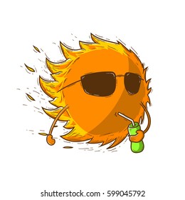 Summer Sun cartoon vector illustration with sunglasses and drink soda