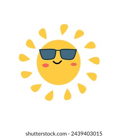  personaje de sol de verano con gafas de sol . Ilustración vectorial se puede utilizar para pegatina de verano, póster e impresión. Icono de personaje de sol de dibujos animados. 