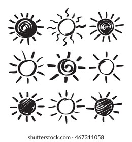 Summer sun design elements. Set of sunshine silhouette symbols hand drawn by black marker. Felt pen scribble solar rays isolated on white. Vector eps8 illustration.