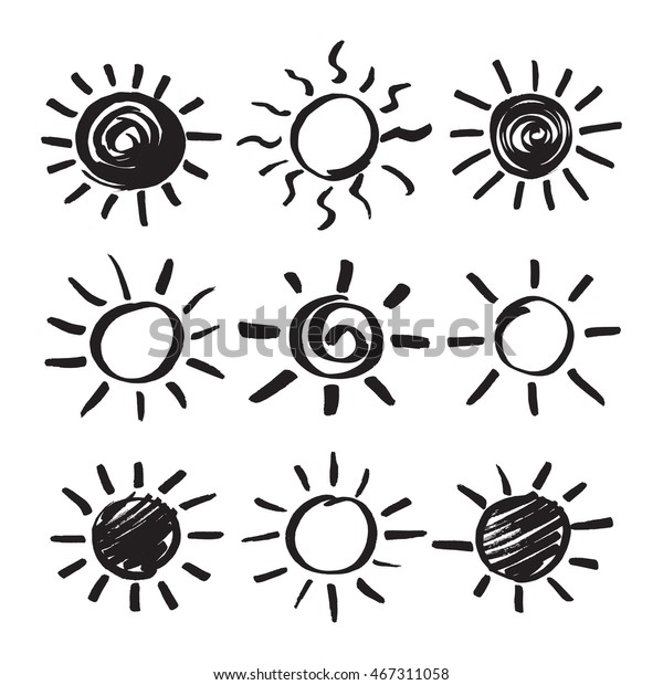 夏の太陽のデザインエレメント 黒いマーカーで描いた日照シルエット記号のセット 白い背景にフェルトペンで太陽光線を落書き ベクター画像eps8イラスト のベクター画像素材 ロイヤリティフリー