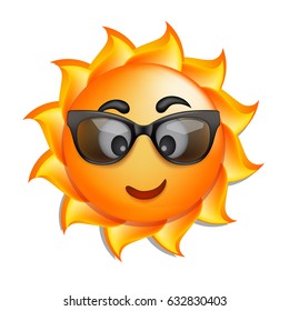 Summer sun face in glasses. Summer design template. Vector illustration