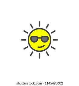 Summer Sun Face with sunglasses filled outline icon, line vector sign, linear colorful pictogram isolated on white. sun with glasses emoji symbol, logo illustration. Pixel perfect vector graphics