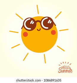 Summer sun face with sunglasses and happy smile. Summer sun holding a sign. Vector Illustration