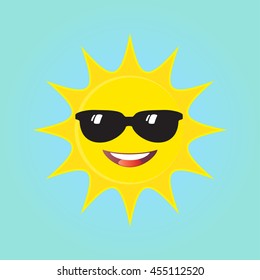 Summer Sun Face With Sunglasses And Happy Smile On Blue Background. Summer In Brazil. Kids Camp Logo. Sun Icon. Sun Banner. Sun Poster. Sun Vector. Rio. Vector Illustration. For Art, Print, Web Design