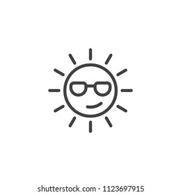 Summer Sun Face With Sunglasses Outline Icon. Linear Style Sign For Mobile Concept And Web Design. Sun With Glasses Emoji Line Vector Icon. Symbol, Logo Illustration. Pixel Perfect Vector Graphics