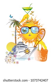Summer Sun Face with sunglasses and a ship with palms and flowers. Vector Illustration
