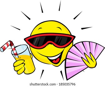 summer sun with fan and orange drink - cartoon illustration isolated on white background