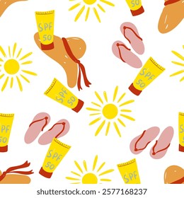 Summer sun flip flops, sunscreen, and a straw hat in vibrant vector seamless pattern style vector illustration