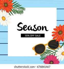 summer , sun glasses , gerbera daisy flower on blue wood background vector illustration