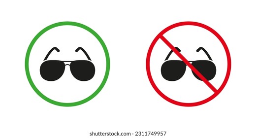 El sol de verano gafas señales de advertencia rojas y verdes. Gafas De Sol Oscuras Iconos De Silhouette Set. Se permite y prohíbe el uso de lentes solares. Símbolo de Espectáculos. Ilustración de vectores aislados.