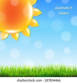 Summer Sun With Grass, With Gradient Mesh, Vector Illustration