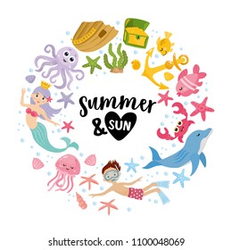 Summer and sun. Summer greeting card with underwater and sea objects - mermaid, jellyfish, seashells. Creative frame design.  Hand drawn typography.