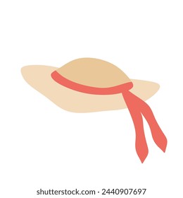 Summer Sun Hat. Beach Straw Head Wearing, Garment with Brims. Holiday Women accessory. Modern or Vintage Fashion Protective Headwear. Flat Graphic Vector Illustration Isolated on White background