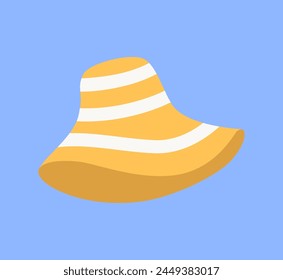 Sombrero de sol de verano. Vestido de cabeza de paja de playa, prenda con bordes. Sombrero de sol de Festiva, accesorio de mujer. Gafas protectoras de moda moderna. Ilustración vectorial gráfica plana, aislada.