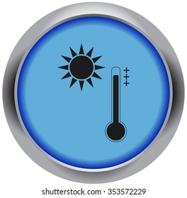 Summer sun and heat icon on colorful round metallic background