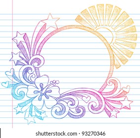 Summer Sun and Hibiscus Tropical Beach Border Frame Sketchy Notebook Doodles Vector Illustration on Lined Sketchbook Paper Background