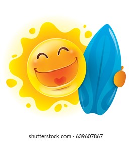 Summer sun holding a surfer board. Summer sun is ready for summer holiday.