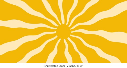 Summer sun horizontal background. Groovy sun with wavy rays,
