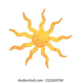 Icono del sol de verano. Círculo solar amarillo caliente con vigas, rayos. Luz soleada. Símbolo abstracto de la luz solar. Buen tiempo. Ilustración vectorial plana aislada en fondo blanco.