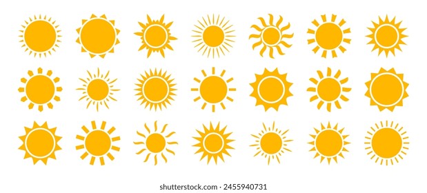 Summer sun icon, sunlight symbol, yellow star set, nature weather circle element, minimal hot ray, bright solar sticker collection isolated on white background. Cartoon vector illustration