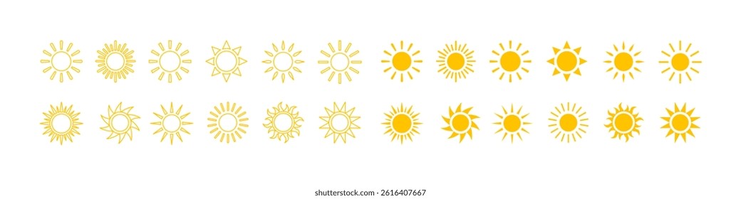 Summer sun icons set. Sun symbol. Line and silhouette style. Vector.