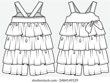 SUMMER SUN JUMPSUIT PLAYSUIT WITH LAYERS AND BOW DETAIL  DESIGNED FOR TODDLER GIRLS AND KID GIRLS IN VECTOR FILE