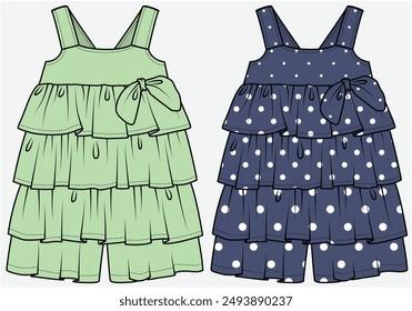 SUMMER SUN JUMPSUIT PLAYSUIT WITH LAYERS AND BOW DETAIL  DESIGNED FOR TODDLER GIRLS AND KID GIRLS IN VECTOR FILE