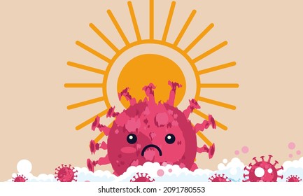 Summer sun kill covid virus concept epidemic vector illustration. Sunlight ultraviolet ray destroy and clean coronavirus. Sterilization microbe UVC infection. Disinfect pandemic and stop virus danger