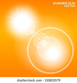 Summer sun lens flare background. Vector illustration. Orange sky. Eps10.