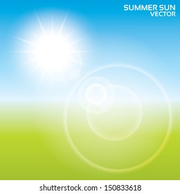 Summer sun lens flare background. Vector illustration. Landscape blur. Eps10.
