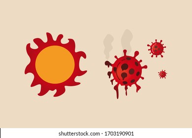 Summer sun light kill and reduce infection rate of Coronavirus COVID-19 outbreak crisis concept, Red heat hot sun shinning and burn to melt COVID-19 Coronavirus pathogen