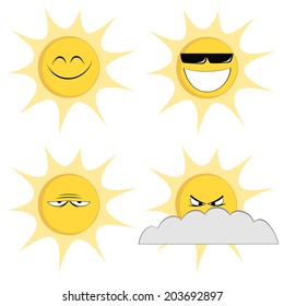 Summer sun mascots - Collection of four colored, cute sun character icons (emoticons) with different look