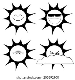 Summer sun mascots - Collection of four black and white, cute sun character icons (emoticons) with different look