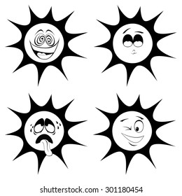 Summer sun mascots - Collection of four black and white, cute sun character icons (emoticons) with different facial expression