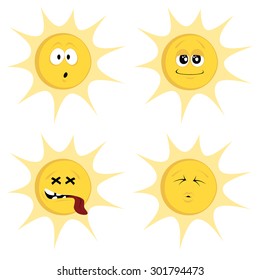 Summer sun mascots - Collection of four colored, cute sun character icons (emoticons) with different facial expression