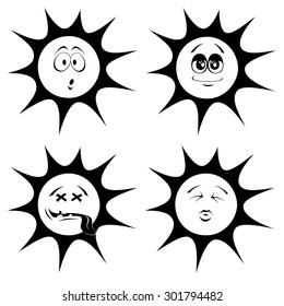 Summer sun mascots    Collection four black   white  cute sun character icons (emoticons) and different facial expression
