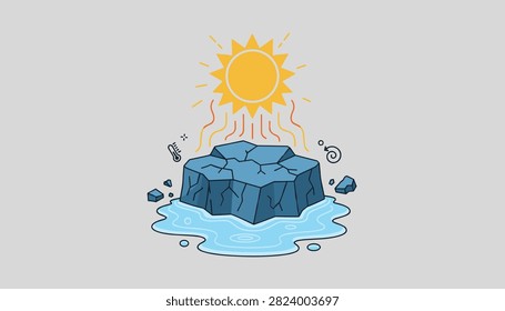 Summer sun melts a large block of ice sitting in a puddle to represent climate change and global warming awareness.