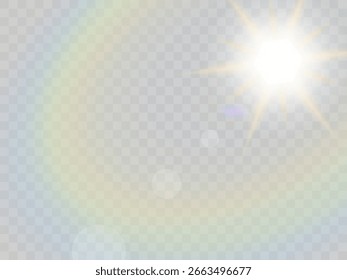 Sol de verano sobre un fondo transparente. Hermosos rayos de sol realistas. El brillo del sol crea un resplandor brillante. Vector ilustración de stock	
