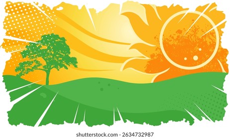 summer sun over a field or meadow, vacation — background, banner, template — vintage style vector illustration