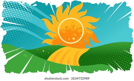 summer sun over a field or meadow, vacation — background, banner, template — vintage style vector illustration