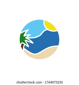 Summer sun palm sea beach travel agency logo icon sign round Doodle cartoon design style Hand drawn  Fashion print for clothes apparel greeting invitation card banner poster flyer website Vector