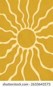 Summer sun pattern background. Groovy sun with wavy rays and vintage grainy texture,
