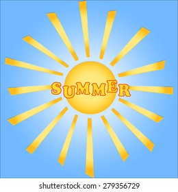 Summer, sun with rays on blue sky. Vector
