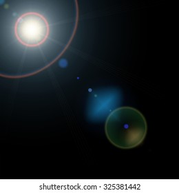 Summer sun with realistic 35mm lens flare lights and glow on black background Vector illustration lens flares, lens flares, lens flares, lens flares, lens flares, lens flares, lens flares, lens flares