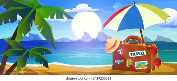 Summer sun rising poster. Template for vacation. Time to travel ocean beach. Suitcase with hat, sunglasses and umbrella on sandy beach. Promotion and shopping template for Summer. Vector illustration