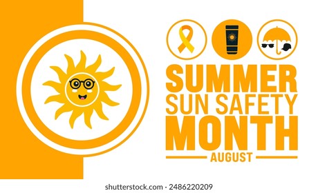 Der Sommer-Sonnensicherheitsmonat wird jedes Jahr im August begangen. Festliche Musik. Vorlage für Hintergrund, Banner, Karte, Poster, Plakat, Design-Vorlage mit einzigartigen Formen mit Standardfarbe.