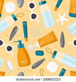 Summer Sun safety seamless pattern. On sand are sea stones, shells and everything necessary for health on beach. Sunscreen cosmetics, water bottle, sunglasses. textile for wrapping paper, wallpaper.