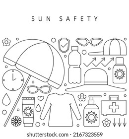 Summer Sun Safety. Umbrella, Sunscreen With A Sun Protection Factor, Wide-brimmed Hat, Long-sleeved Shirt, Sunglasses