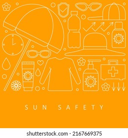 Summer Sun Safety. Umbrella, Sunscreen With A Sun Protection Factor, Wide-brimmed Hat, Long-sleeved Shirt, Sunglasses