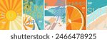Summer, sun and sale. Vector minimalistic illustration of sun rays, swimming pool with sun lounger and umbrella and tropical palm leaf, orange and sea beach with sand for background, flyer, poster or 